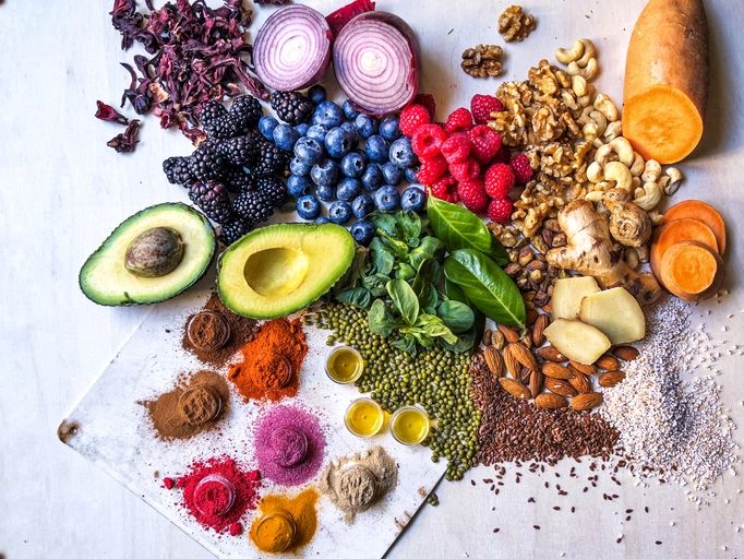 Healthy ingredients arranged on a wooden table