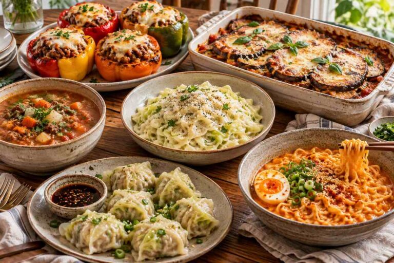 A variety of trending 2026 dinner recipes including stuffed peppers, eggplant parmesan, soup, cabbage dishes and spicy noodles