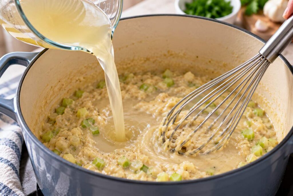 Clam Chowder Recipes: Creamy New England-Style Chowder 5 Clam juice being whisked into the roux to create a smooth clam chowder base