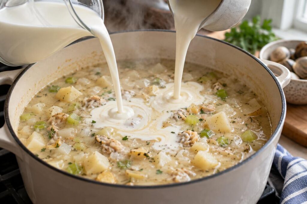 Clam Chowder Recipes: Creamy New England-Style Chowder 7 Milk and heavy cream being stirred into clam chowder for a creamy texture