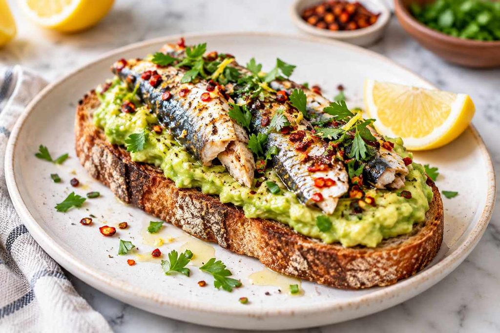 Sardine Toast Recipes: 5 Easy High-Protein Ideas 3 Avocado sardine toast topped with chili flakes herbs and lemon on toasted bread