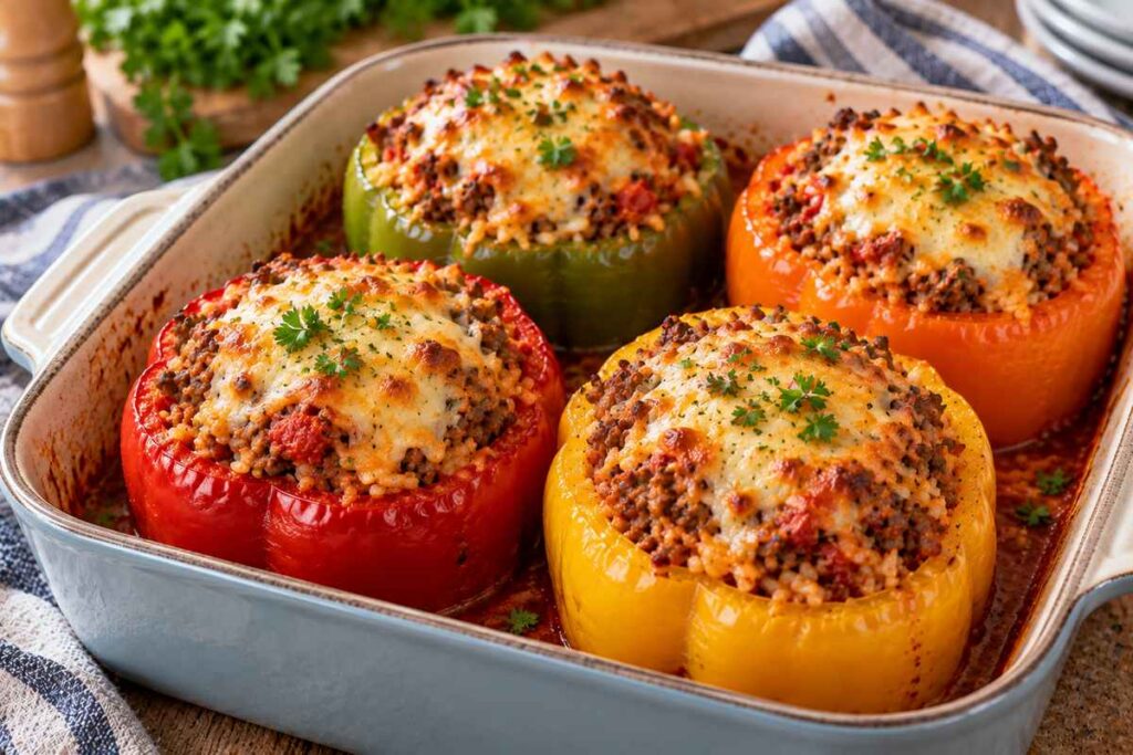 Stuffed Peppers With Ground Beef: Easy Oven-Baked Dinner Recipe 9 Baked stuffed peppers with ground beef rice tomato sauce and melted cheese