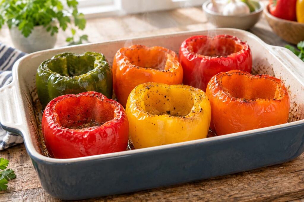 Stuffed Peppers With Ground Beef: Easy Oven-Baked Dinner Recipe 3 Bell peppers lightly par baked in a baking dish before adding ground beef filling