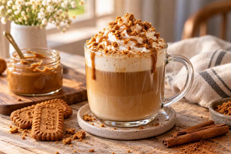 Biscoff latte recipe with espresso milk and cookie butter served hot or iced