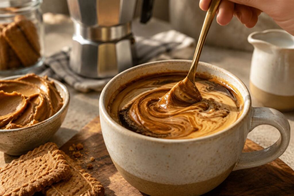 Biscoff Latte Recipe: Easy Hot or Iced Coffeehouse-Style Latte 3 Biscoff Latte Recipe - Biscoff spread being stirred into hot espresso for a smooth latte base