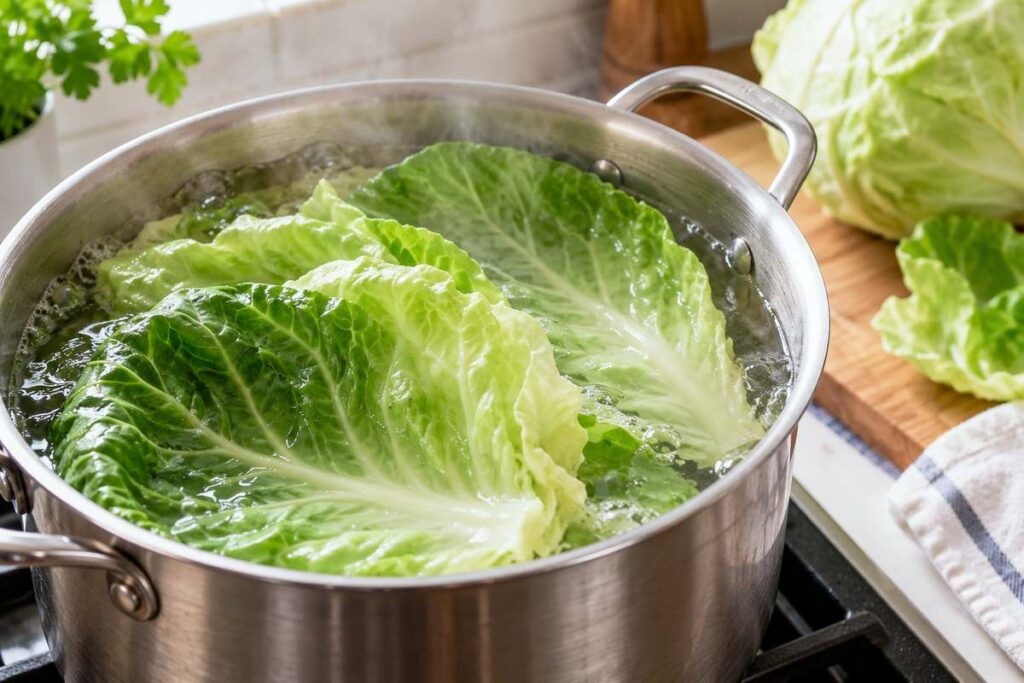 Cabbage Dumplings Recipe: Easy Steamed Ground Beef Cabbage Dumplings 2 Green cabbage leaves being blanched until soft and flexible for cabbage dumplings