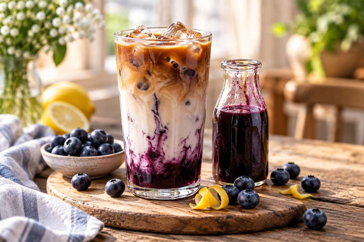 Blueberry coffee recipe with homemade blueberry syrup espresso milk and ice