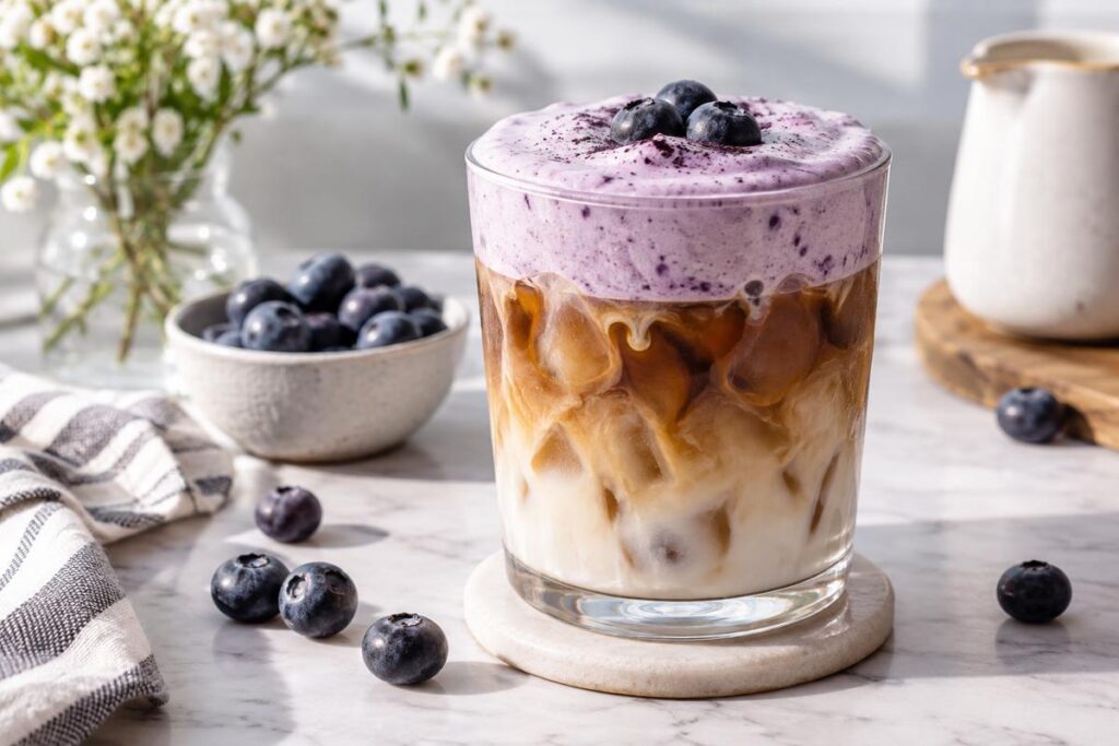 Blueberry Coffee Recipe: Easy Iced Blueberry Latte With Homemade Syrup 8 Blueberry cold foam layered over iced coffee with homemade blueberry syrup