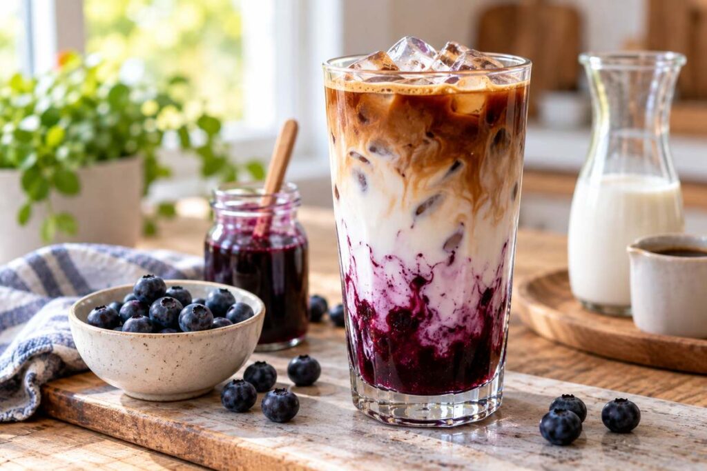Blueberry Coffee Recipe: Easy Iced Blueberry Latte With Homemade Syrup 7 Layered blueberry iced latte with blueberry syrup espresso milk and ice