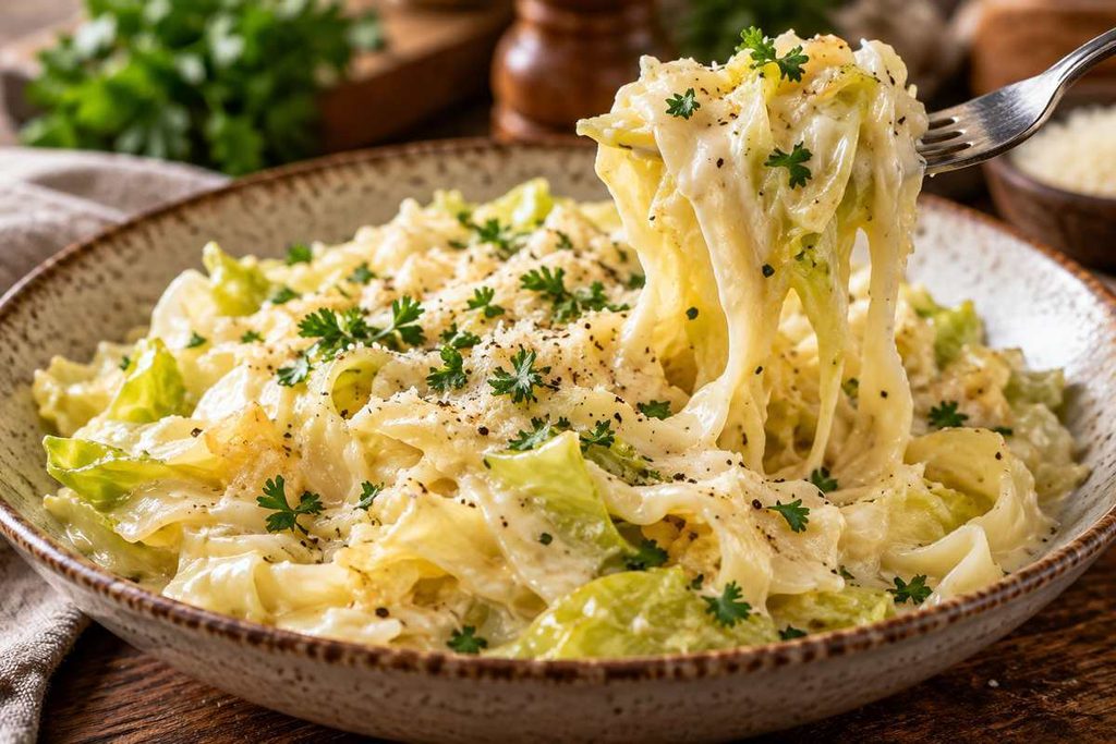 Cabbage Alfredo: Creamy Garlic Parmesan Cabbage Skillet 8 Close-up of creamy Cabbage Alfredo showing tender cabbage ribbons and Parmesan sauce