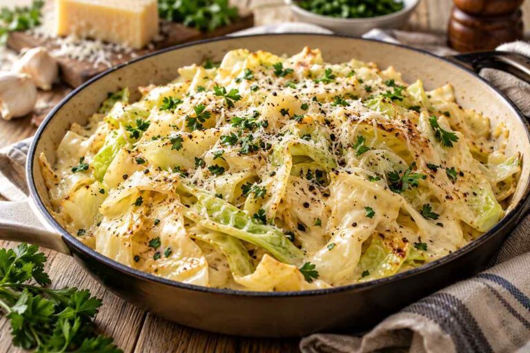 Cabbage Alfredo with creamy garlic Parmesan sauce parsley and black pepper served in a skillet