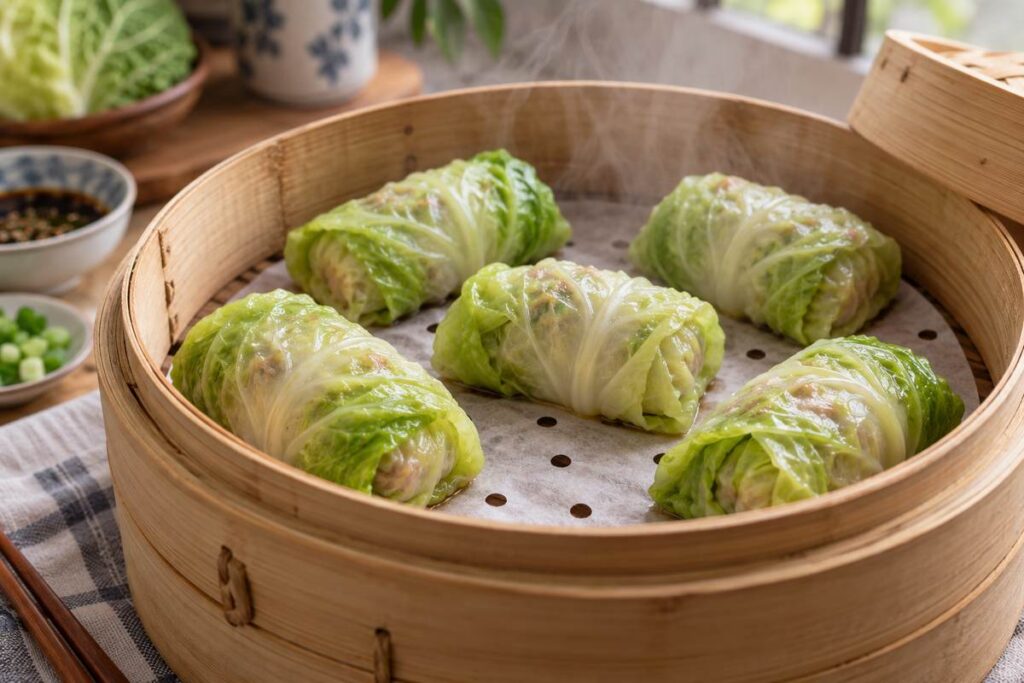 Cabbage Dumplings Recipe: Easy Steamed Ground Beef Cabbage Dumplings 7 Ground beef cabbage dumplings arranged in a steamer basket before cooking