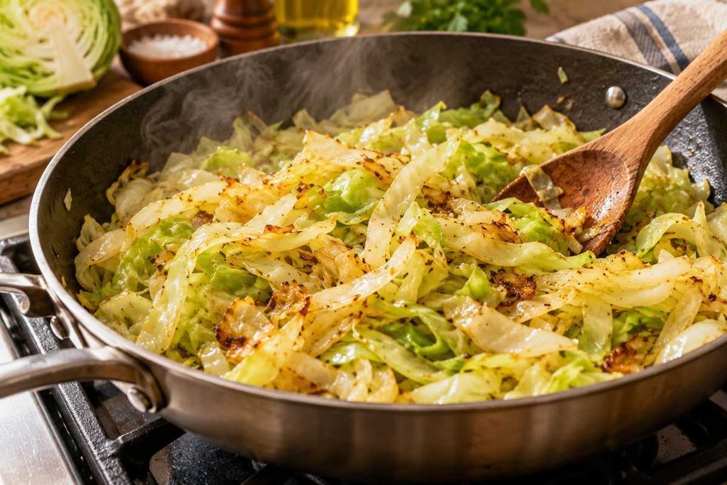 Cabbage Alfredo: Creamy Garlic Parmesan Cabbage Skillet 3 Green cabbage sautéing in butter and olive oil with lightly golden edges