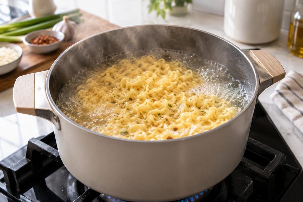 Buldak Carbonara Ramen Recipe β Creamy Spicy 15-Minute Noodles 2 Carbonara Buldak ramen noodles cooking in boiling water before making the creamy sauce
