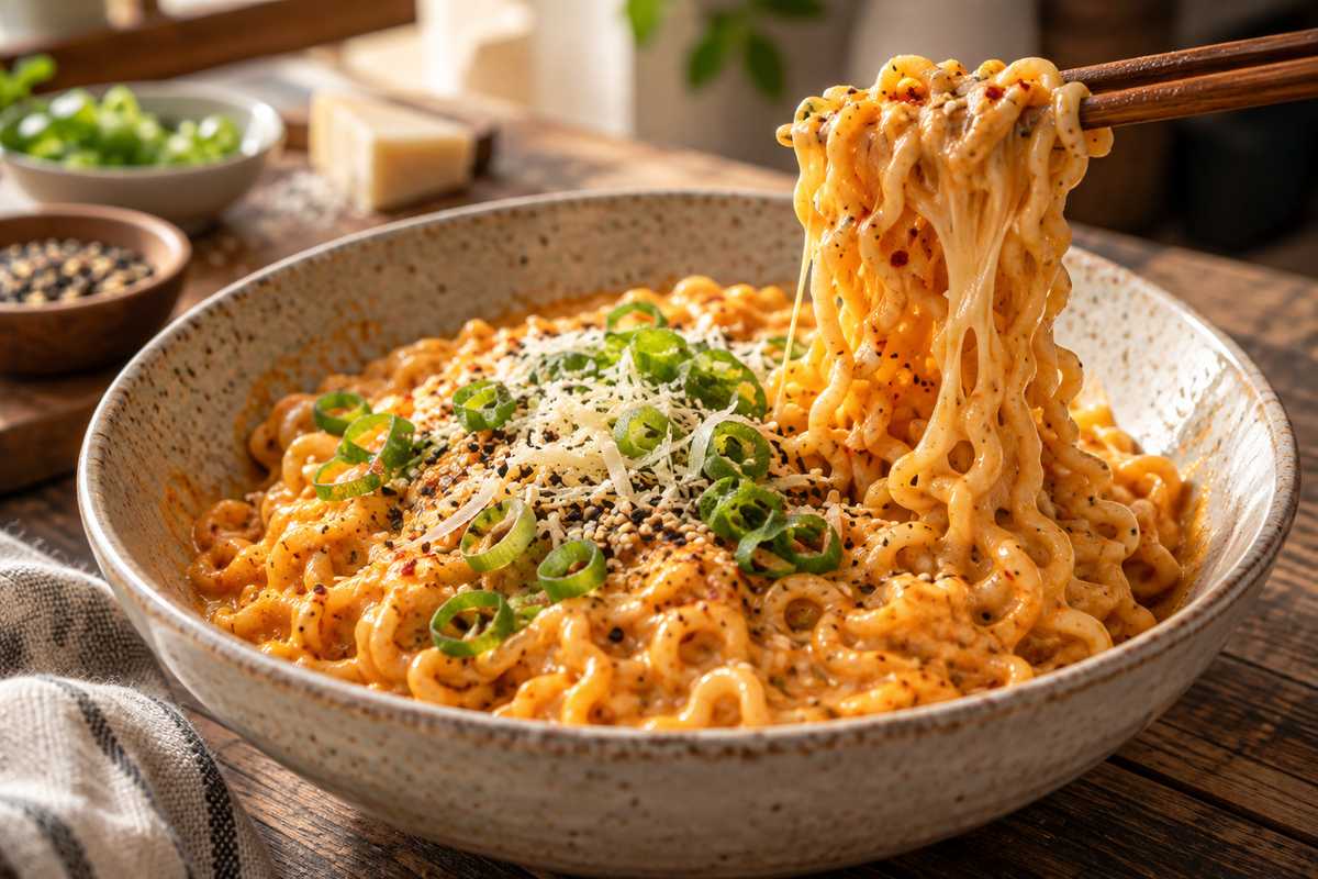 Carbonara Buldak ramen with creamy spicy cheese sauce green onions and sesame seeds