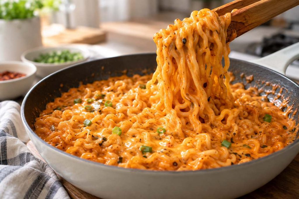 Buldak Carbonara Ramen Recipe β Creamy Spicy 15-Minute Noodles 6 Parmesan and mozzarella melting into creamy Carbonara Buldak ramen sauce