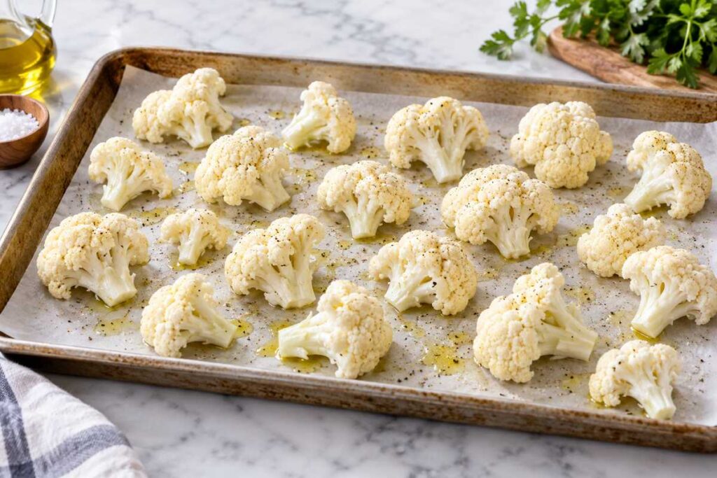 Oven Roasted Cauliflower Recipes: Crispy Garlic Parmesan Cauliflower 5 Cauliflower florets arranged in a single layer on a sheet pan ready for roasting