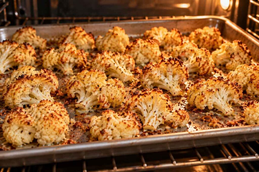 Oven Roasted Cauliflower Recipes: Crispy Garlic Parmesan Cauliflower 6 Cauliflower roasting in the oven with golden edges and crisp Parmesan bits