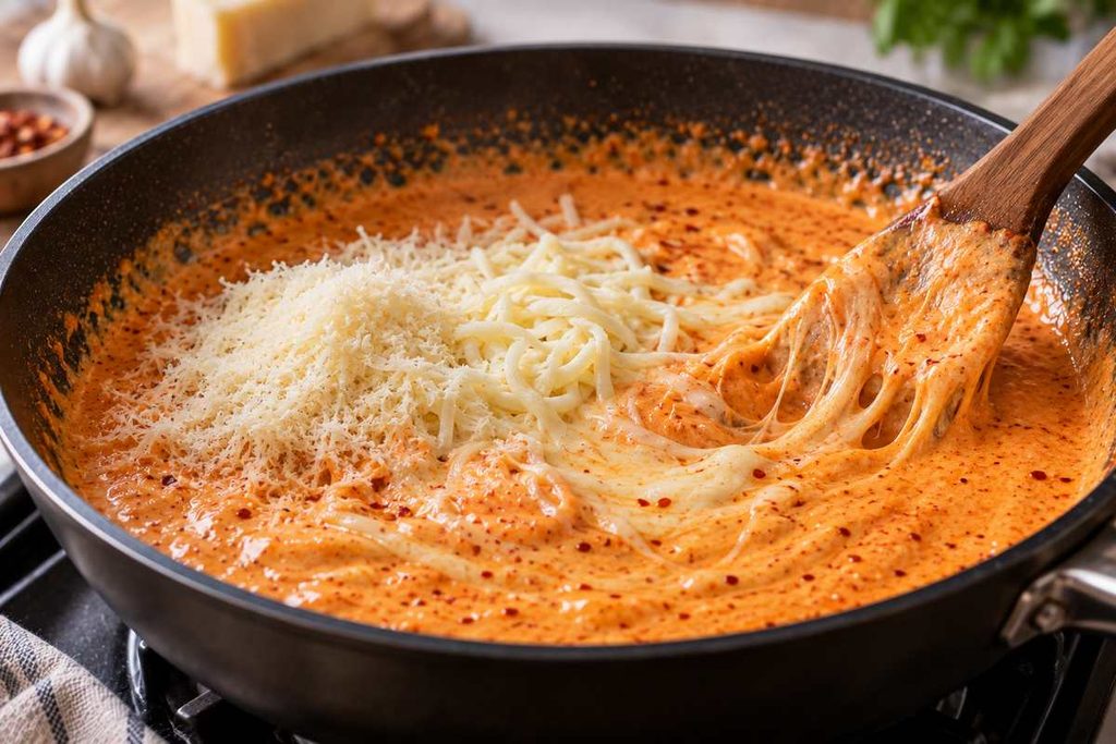 Buldak Carbonara Ramen Recipe β Creamy Spicy 15-Minute Noodles 5 Milk and spicy Buldak sauce being whisked into a creamy orange sauce