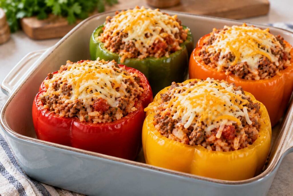 Stuffed Peppers With Ground Beef: Easy Oven-Baked Dinner Recipe 8 Stuffed bell peppers with ground beef rice and shredded cheese ready for the oven