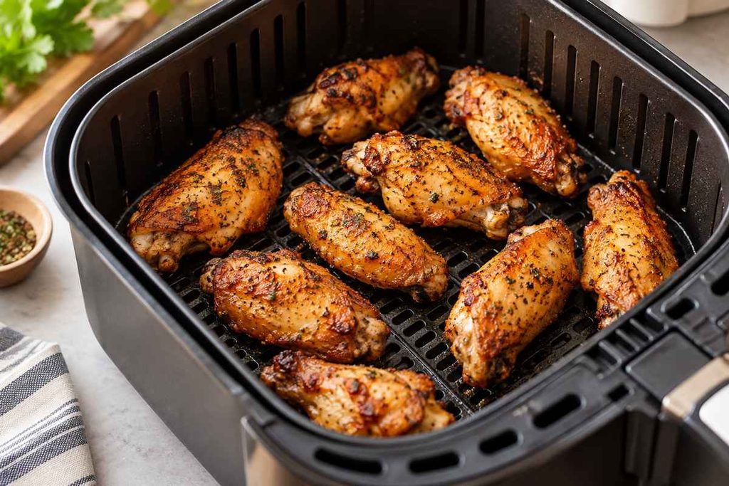 Easy Air Fryer Chicken Wings: Crispy, Juicy & Ready Fast 4 Seasoned chicken wings arranged in a single layer inside an air fryer basket