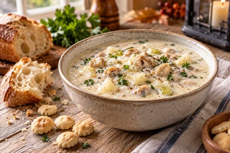 Creamy clam chowder recipe with clams potatoes parsley and crusty bread