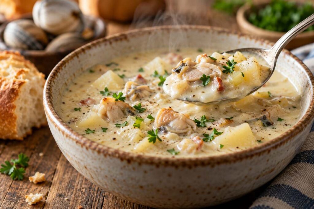 Clam Chowder Recipes: Creamy New England-Style Chowder 9 Spoonful of creamy clam chowder with tender clams and potato pieces
