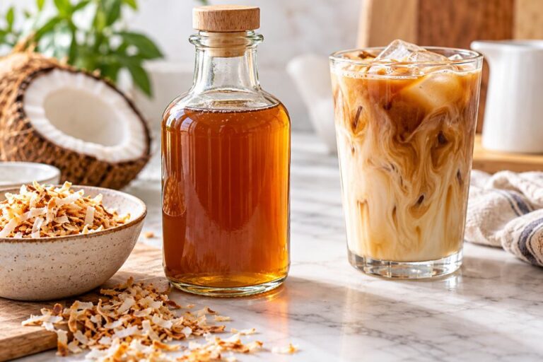 Homemade coconut syrup for coffee beside an iced latte
