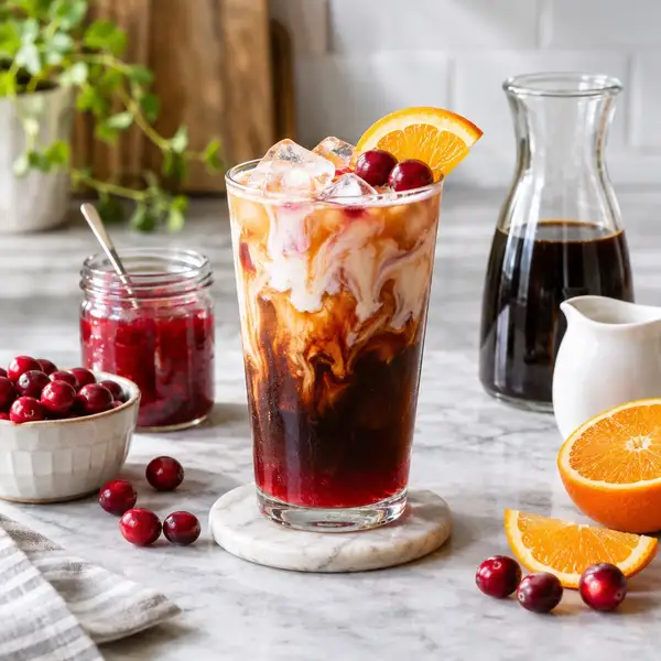Cranberry coffee recipe with homemade cranberry orange syrup and iced coffee