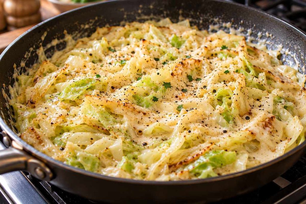 Cabbage Alfredo: Creamy Garlic Parmesan Cabbage Skillet 7 Creamy Cabbage Alfredo in a skillet with garlic Parmesan sauce and black pepper