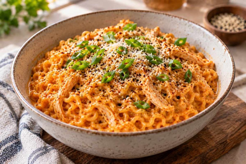 Buldak Carbonara Ramen Recipe β Creamy Spicy 15-Minute Noodles 8 Creamy Carbonara Buldak ramen topped with green onions sesame seeds and Parmesan
