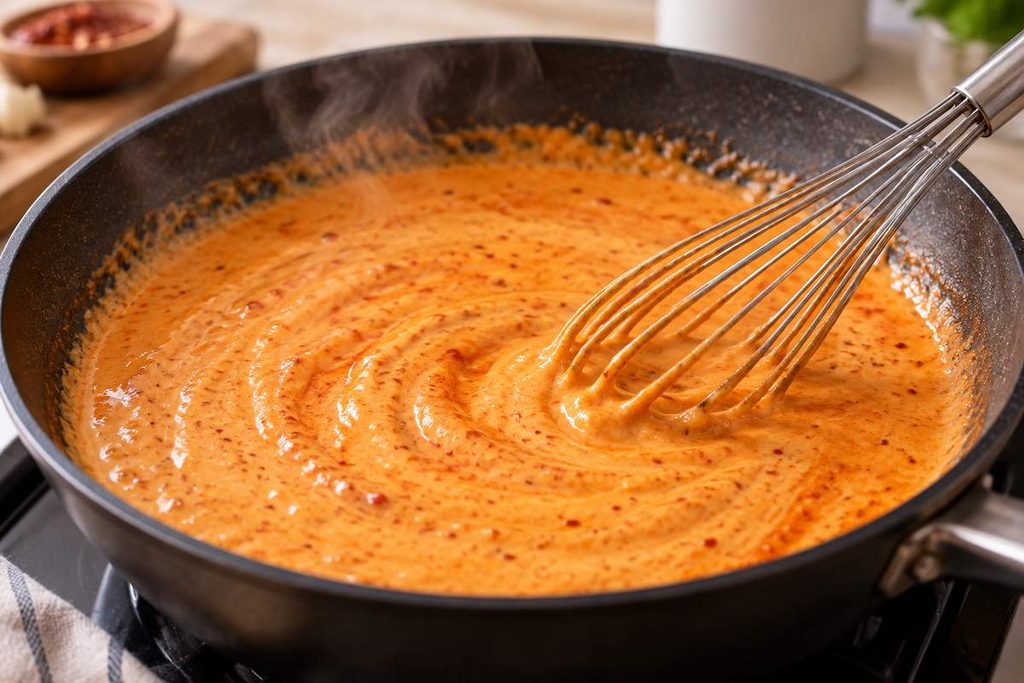 Buldak Carbonara Ramen Recipe β Creamy Spicy 15-Minute Noodles 4 Milk and spicy Buldak sauce being whisked into a creamy orange sauce