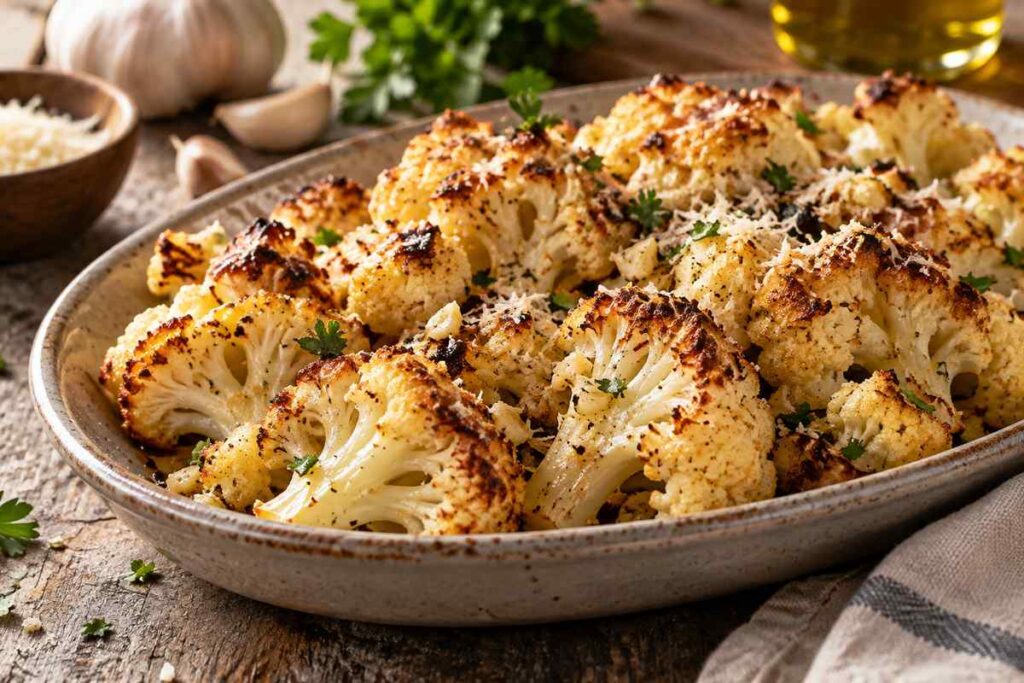 Oven Roasted Cauliflower Recipes: Crispy Garlic Parmesan Cauliflower 7 Golden crispy oven roasted cauliflower with caramelized edges and garlic Parmesan seasoning