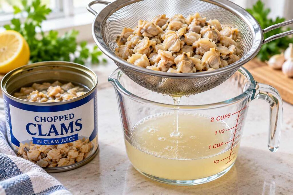 Clam Chowder Recipes: Creamy New England-Style Chowder 2 Clam Chowder Recipes Chopped clams being drained through a fine mesh strainer with clam juice reserved below