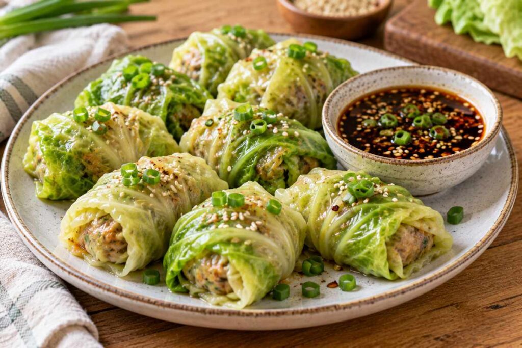 Cabbage Dumplings Recipe: Easy Steamed Ground Beef Cabbage Dumplings 9 Steamed cabbage dumplings served on a plate with dipping sauce green onions and sesame seeds
