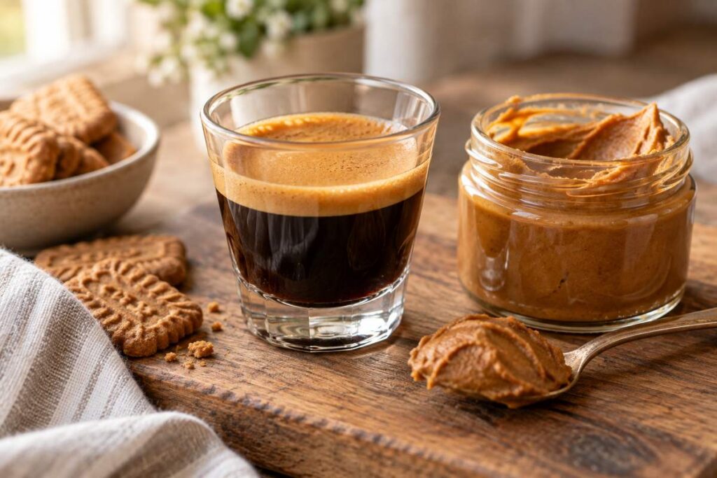 Biscoff Latte Recipe: Easy Hot or Iced Coffeehouse-Style Latte 2 Fresh espresso beside Biscoff spread for making a homemade latte - Biscoff Latte Recipe