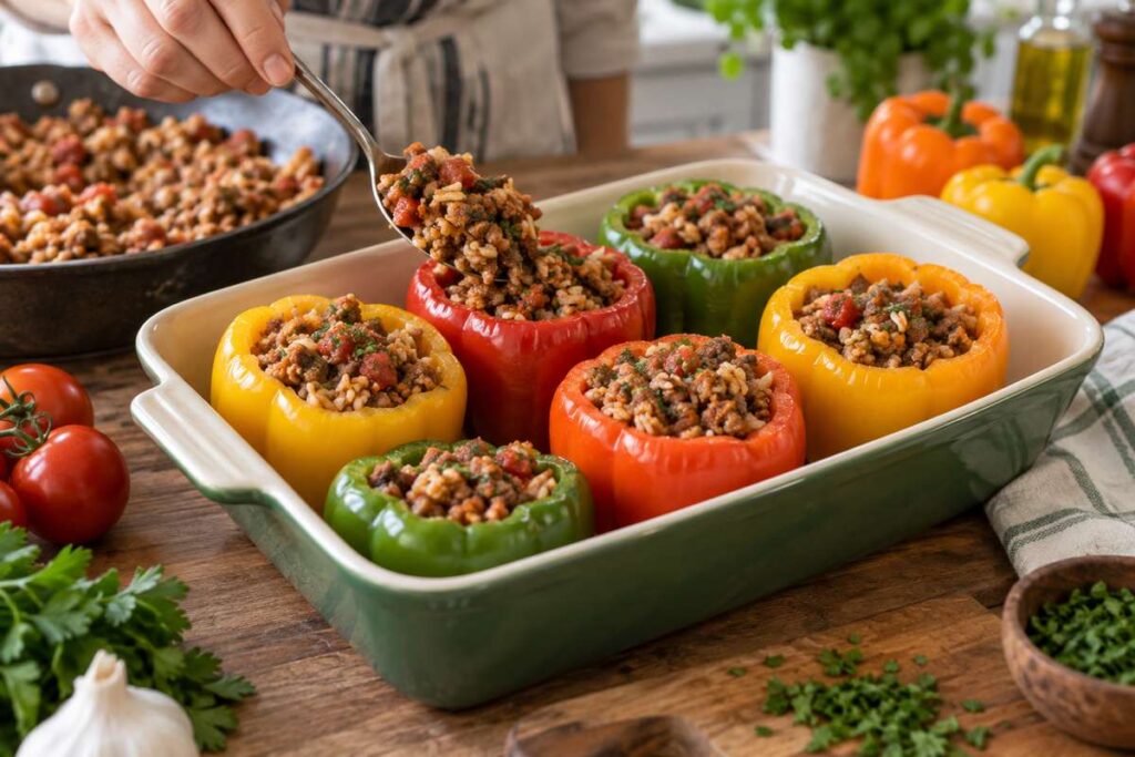 Stuffed Peppers With Ground Beef: Easy Oven-Baked Dinner Recipe 7 Ground beef and rice mixture being spooned into bell peppers before baking