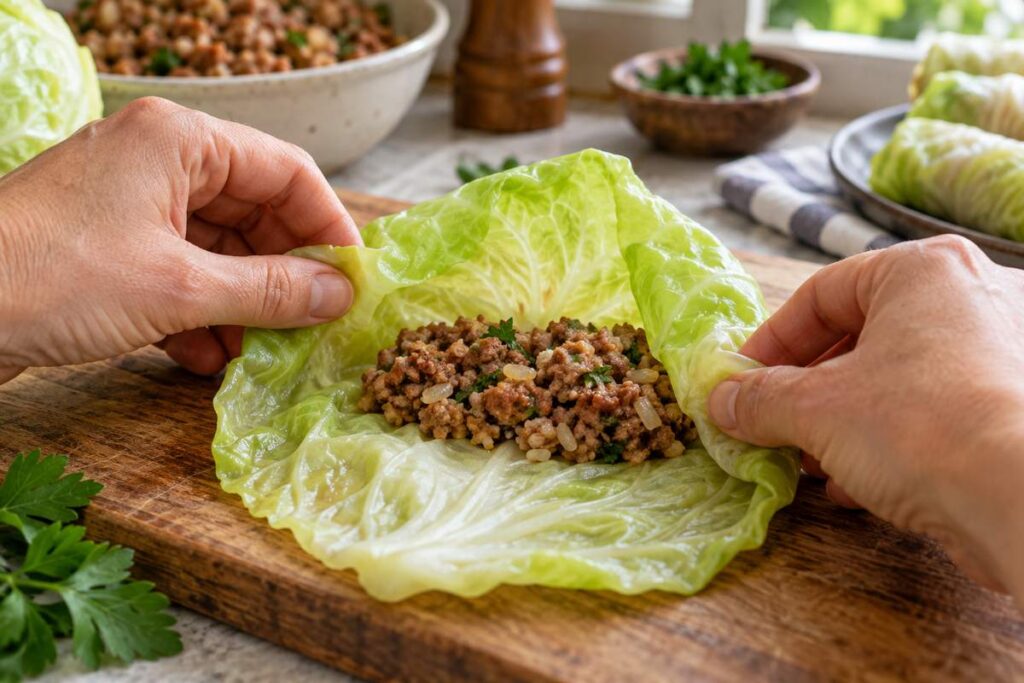 Cabbage Dumplings Recipe: Easy Steamed Ground Beef Cabbage Dumplings 5 Seasoned ground beef filling placed on a softened cabbage leaf before rolling