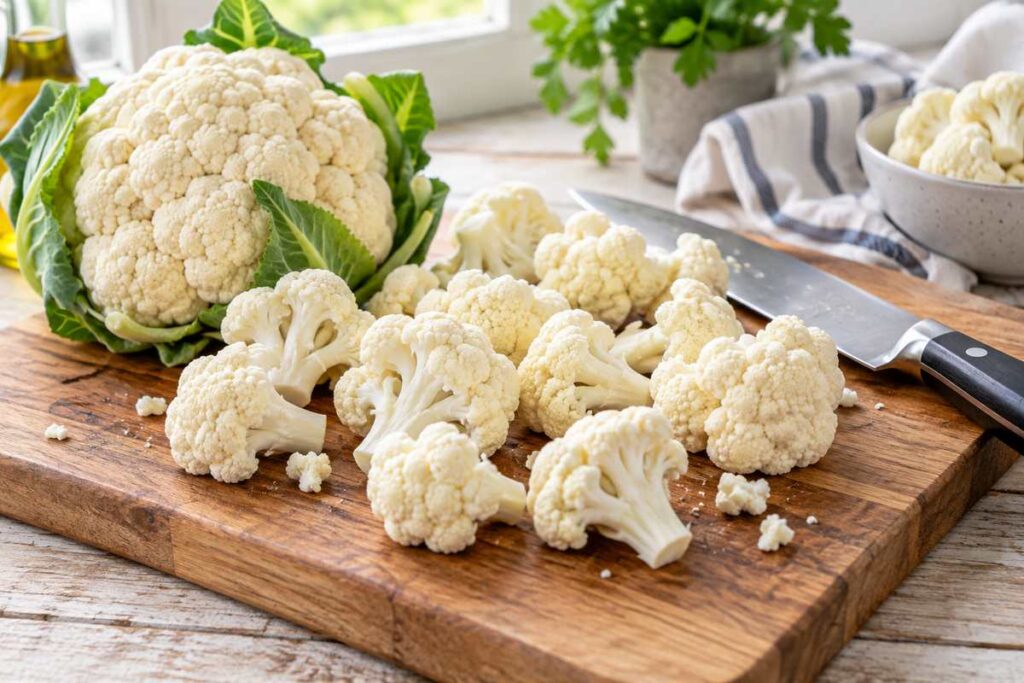 Oven Roasted Cauliflower Recipes: Crispy Garlic Parmesan Cauliflower 2 Fresh cauliflower cut into even florets on a wooden cutting board for oven roasting