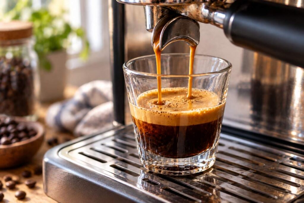Blueberry Coffee Recipe: Easy Iced Blueberry Latte With Homemade Syrup 6 Fresh espresso being poured into a clear glass for blueberry coffee