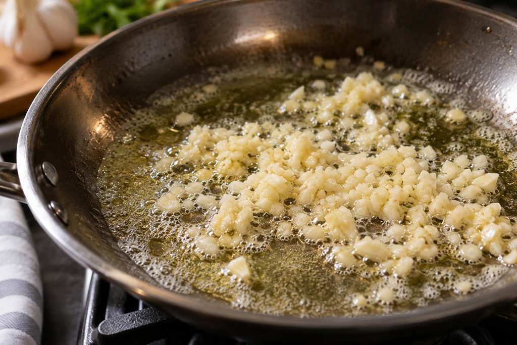 Buldak Carbonara Ramen Recipe β Creamy Spicy 15-Minute Noodles 3 Minced garlic gently cooking in melted butter for Carbonara Buldak ramen sauce
