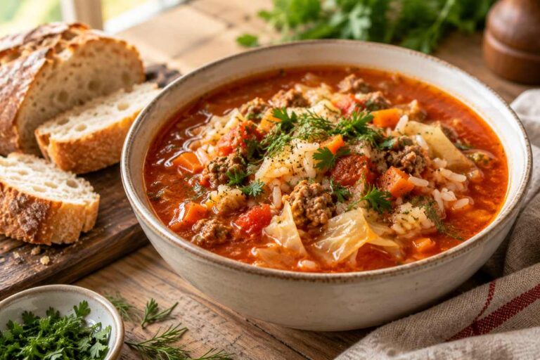 Golumpki Soup Recipe - Golumpki soup recipe with ground beef cabbage rice tomatoes and fresh dill