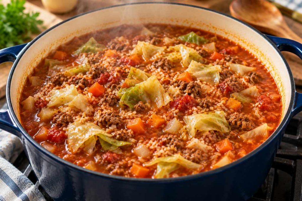 Golumpki Soup Recipe: Easy Stuffed Cabbage Roll Soup 7 Golumpki soup simmering with cabbage ground beef rice and tomato broth