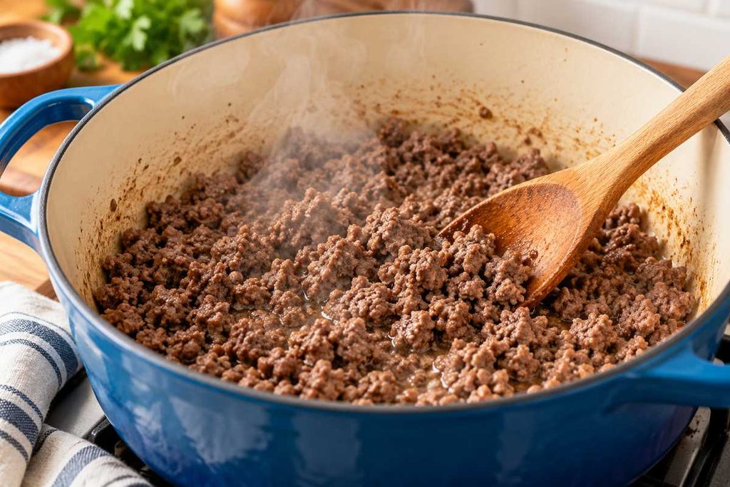 Golumpki Soup Recipe: Easy Stuffed Cabbage Roll Soup 2 Lean ground beef browning in a Dutch oven for Golumpki soup - Golumpki Soup Recipe