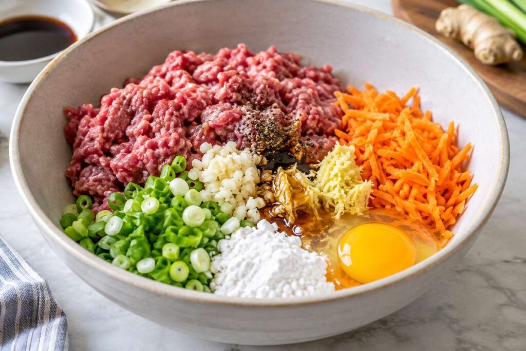 Cabbage Dumplings Recipe: Easy Steamed Ground Beef Cabbage Dumplings 4 Ground beef filling with green onion garlic ginger soy sauce egg and grated carrot for cabbage dumplings