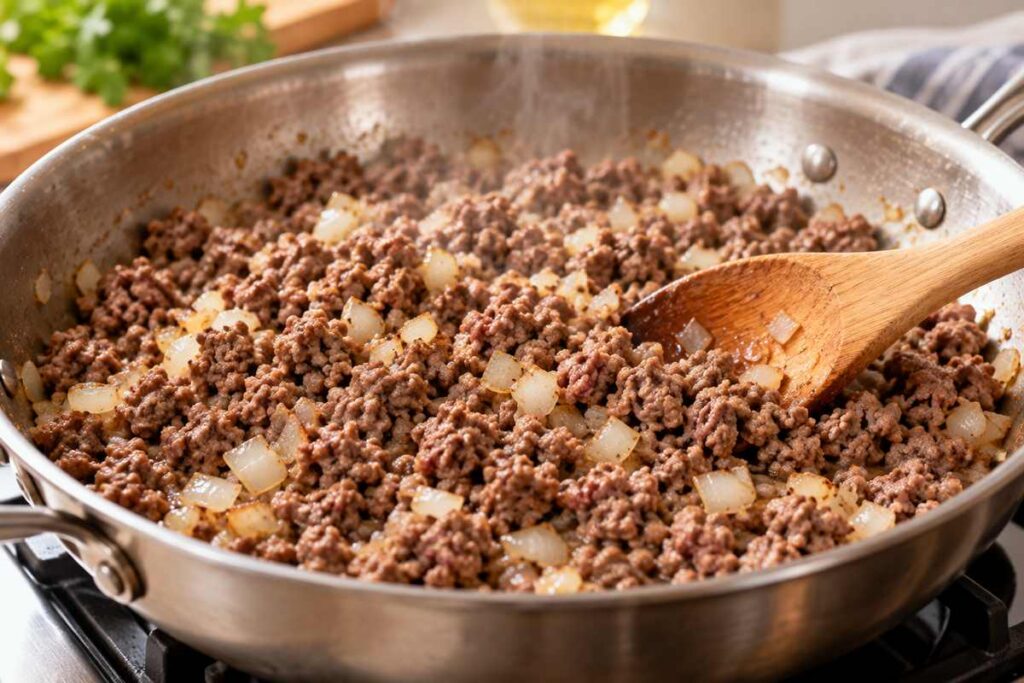 Stuffed Peppers With Ground Beef: Easy Oven-Baked Dinner Recipe 4 Lean ground beef and diced onion browning in a skillet for stuffed peppers
