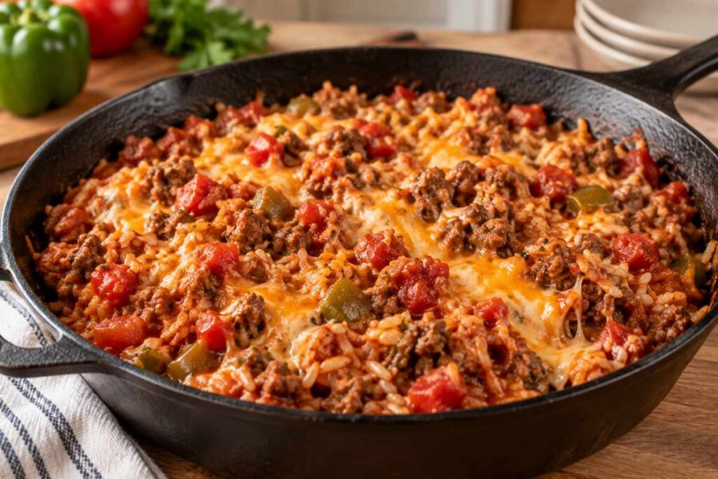 Stuffed Peppers With Ground Beef: Easy Oven-Baked Dinner Recipe 6 Ground beef rice tomato sauce and cheese filling mixed in a skillet for stuffed peppers