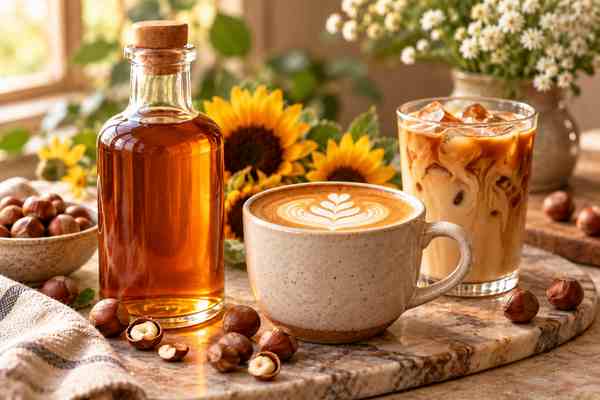 Homemade hazelnut syrup for coffee with hot and iced hazelnut drinks, sunflowers, and hazelnuts