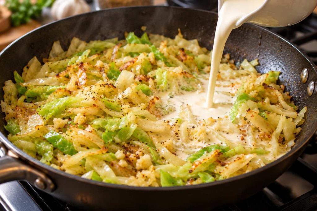 Cabbage Alfredo: Creamy Garlic Parmesan Cabbage Skillet 5 Heavy cream being poured into sautéed cabbage to make Cabbage Alfredo sauce