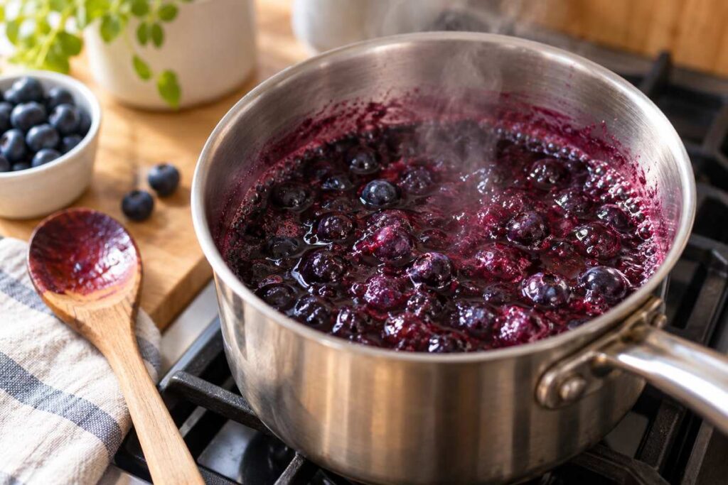 Blueberry Coffee Recipe: Easy Iced Blueberry Latte With Homemade Syrup 3 Blueberry coffee syrup simmering in a saucepan with burst blueberries